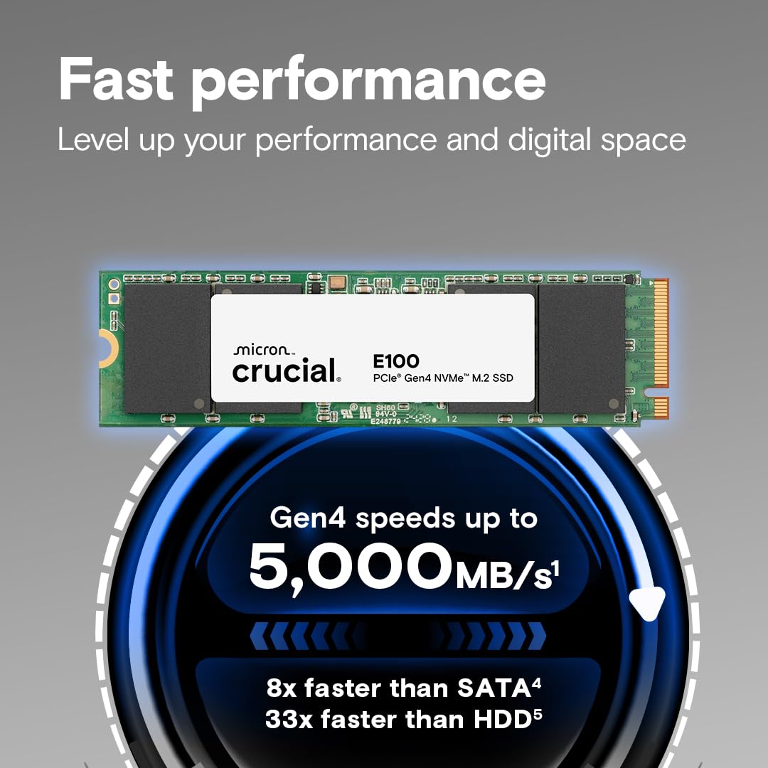 Crucial E100 1TB M.2 NVMe PCIe Gen4 Internal SSD, Up to 5,000MB/s - مساحة تخزين سريعة