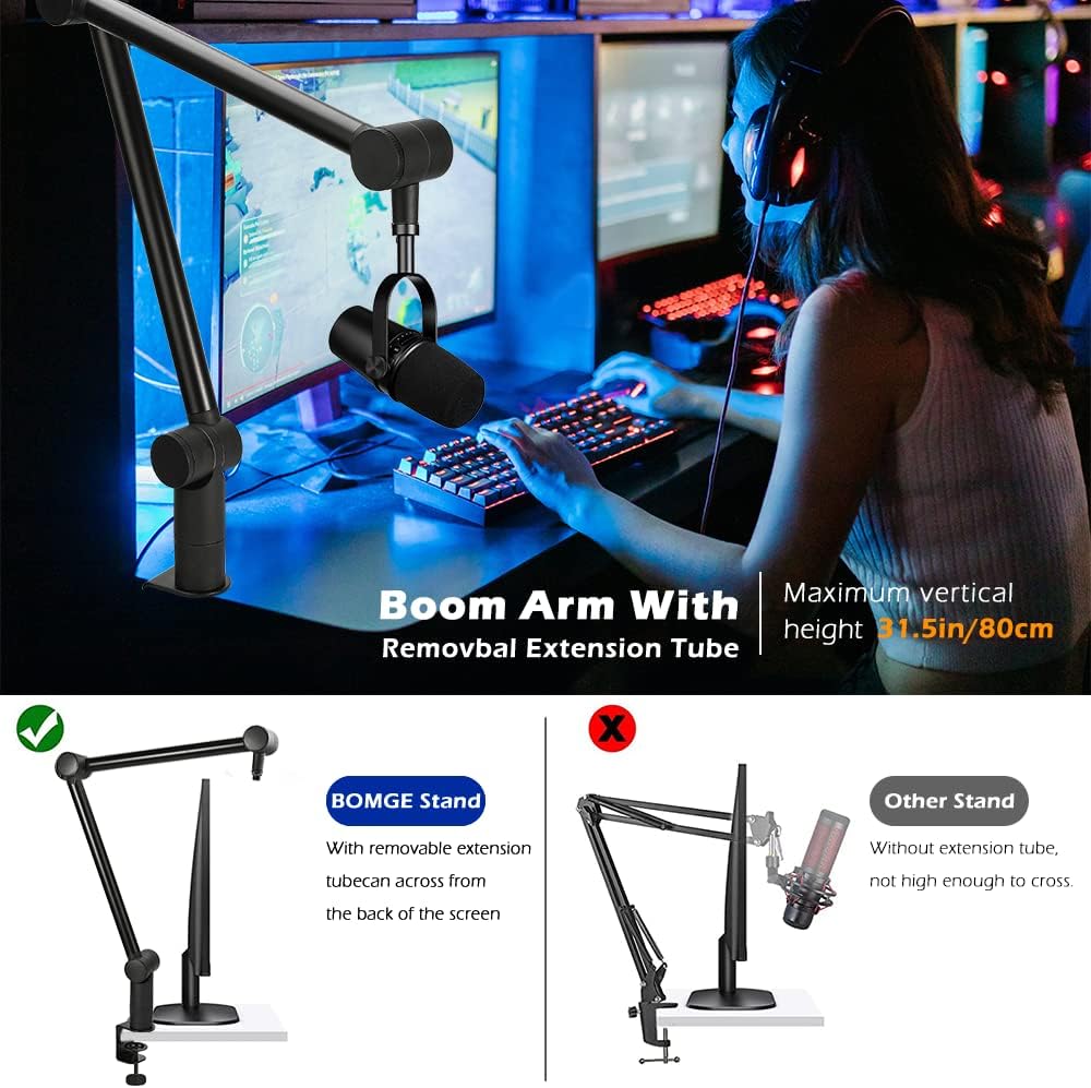 BOMGE Boom Arm Mic Stand - Adjustable Heavy Duty Suspension Boom Scissor Arm Stand with Cable Management Channels, Desk Clamp for Podcasts, Streaming, Gaming, Home Office, Recording -  Bomge-808-B-us black  -ستاند للمايك