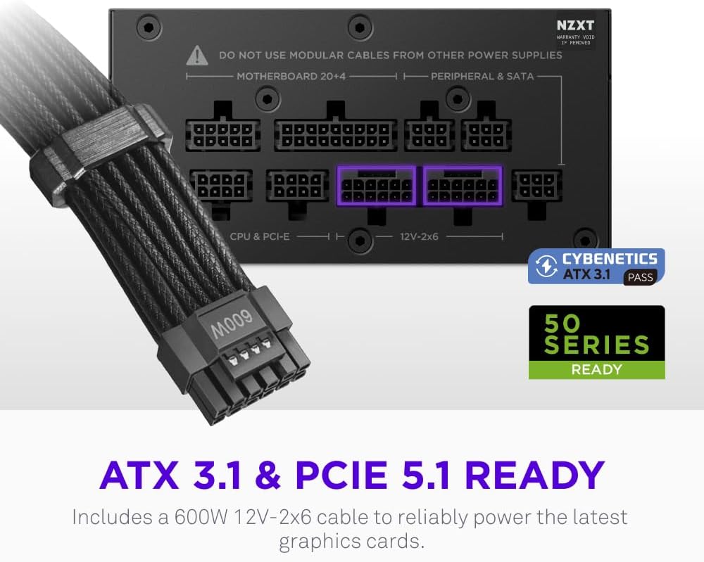 NZXT C850 SFX Gold 850W Power Supply – 80 PLUS Gold, Fully Modular SFF PSU, ATX 3.1 & PCIe 5.1 Ready with 12V-2x6 Cable - مزود طاقة حجم صغير