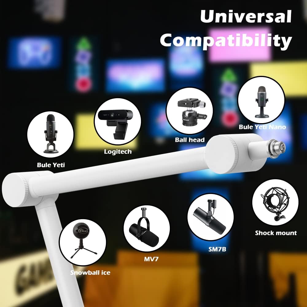 BOMGE Boom Arm Mic Stand - Adjustable Heavy Duty Suspension Boom Scissor Arm Stand with Cable Management Channels, Desk Clamp for Podcasts, Streaming, Gaming, Home Office, Recording -White - ستاند للمايك أبيض