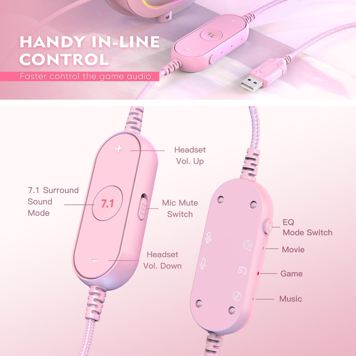 FIFINE AmpliGame H6 USB Wired RGB Gaming Headset (7.1 Virtual Surround Sound, 24-Bit Audio, 3 EQ Modes, Detachable Mic) Pink - سماعة