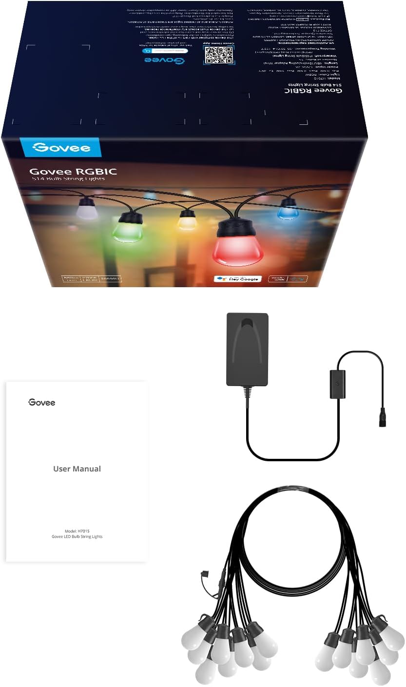 Govee Smart Outdoor RGBIC S14 String Lights 48ft/15M  – Wi-Fi & Bluetooth Patio Lights (IP65 Waterproof, 47 Scene Modes) - مصابيح أر جي بي