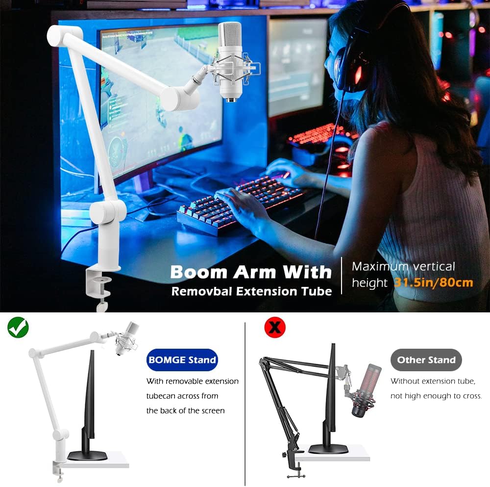 BOMGE Boom Arm Mic Stand - Adjustable Heavy Duty Suspension Boom Scissor Arm Stand with Cable Management Channels, Desk Clamp for Podcasts, Streaming, Gaming, Home Office, Recording -White - ستاند للمايك أبيض