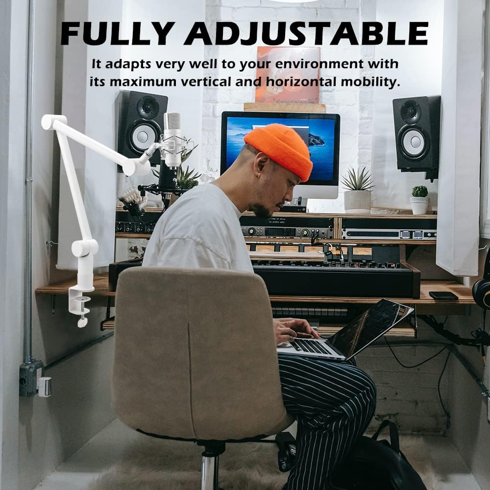 BOMGE Boom Arm Mic Stand - Adjustable Heavy Duty Suspension Boom Scissor Arm Stand with Cable Management Channels, Desk Clamp for Podcasts, Streaming, Gaming, Home Office, Recording -White - ستاند للمايك أبيض