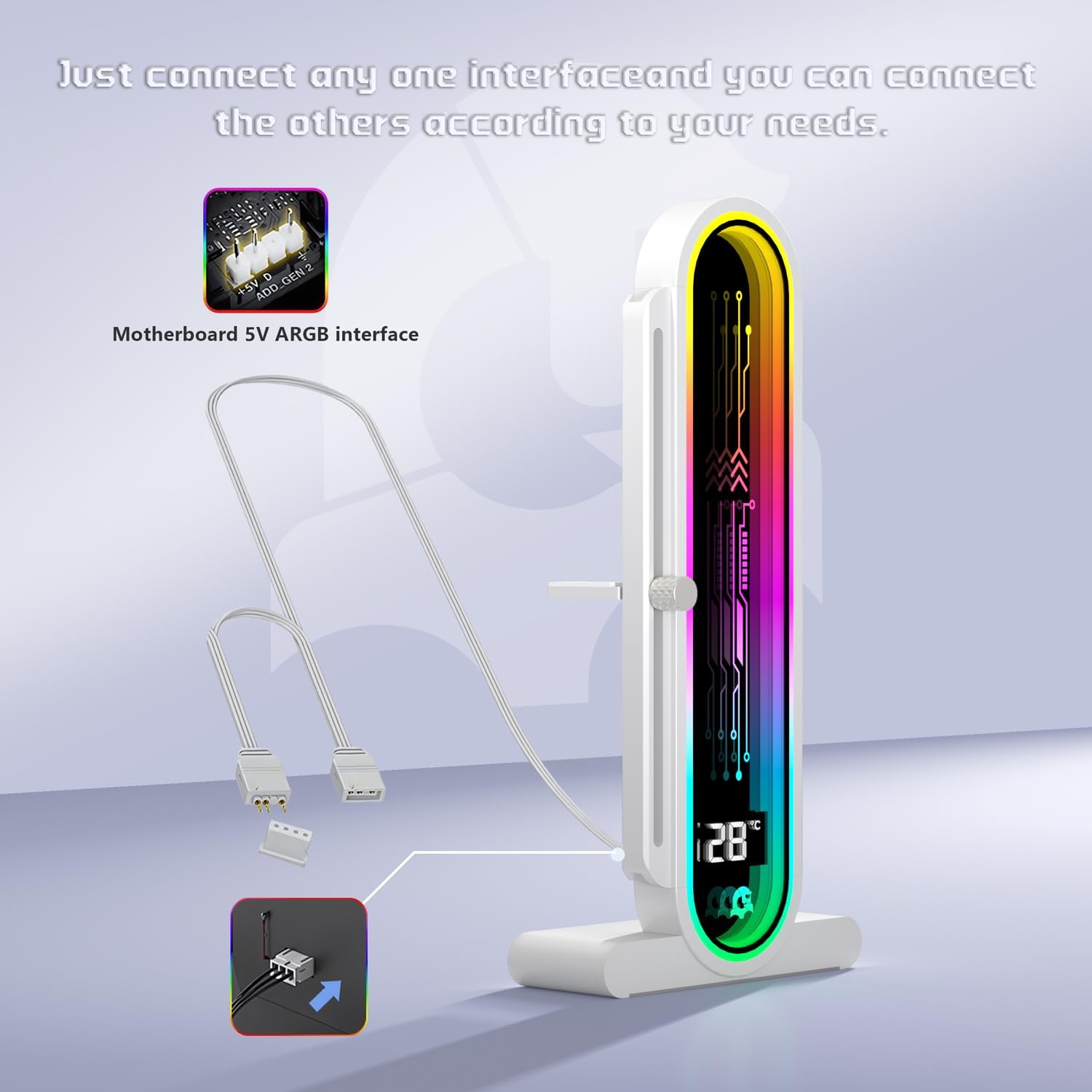 TGDGAMER x GPERHUAN DY7-White ARGB Vertical GPU Holder with Temperature Display, white - حامل كرت شاشة