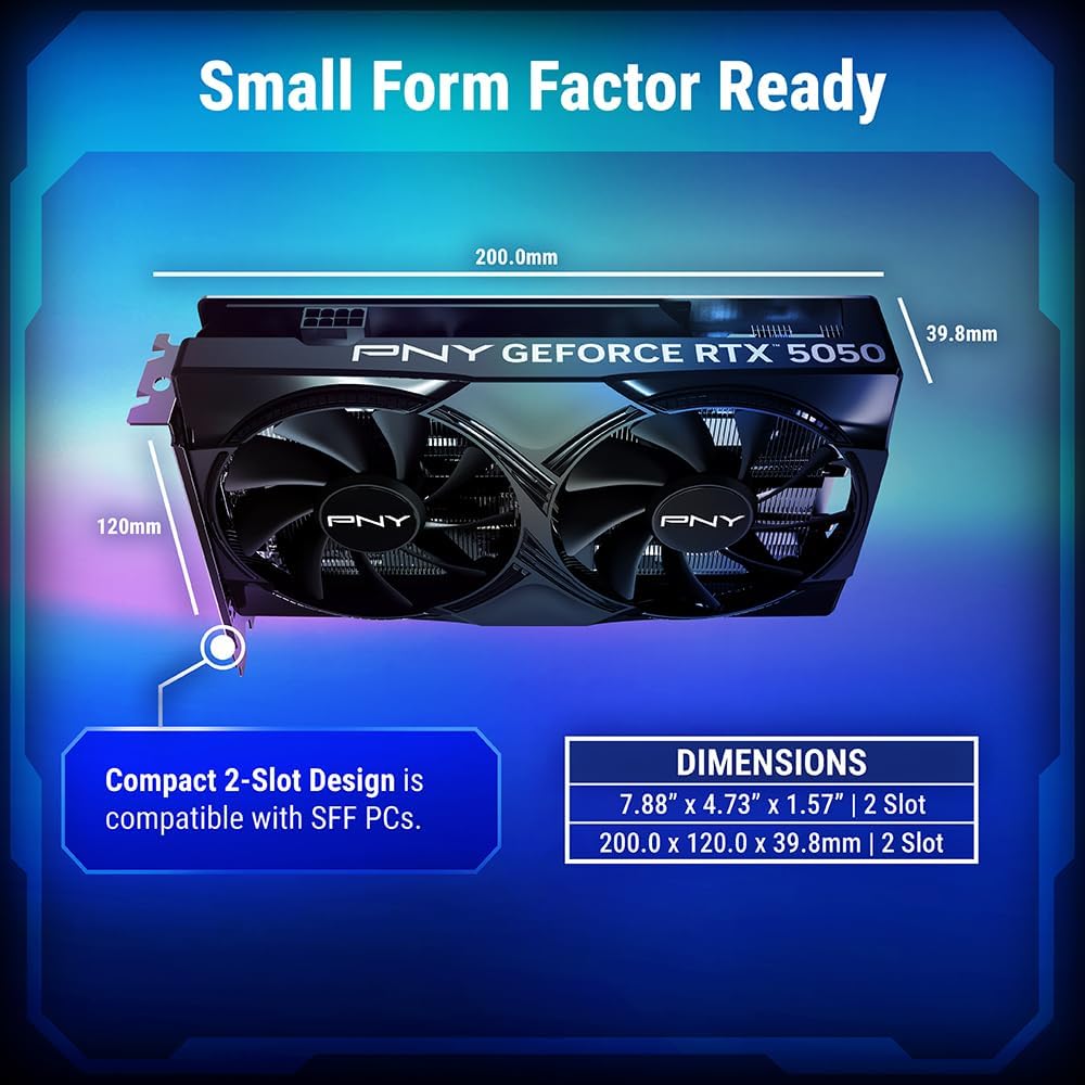 PNY NVIDIA GeForce RTX™ 5050 Dual Fan, Graphics Card (8GB GDDR6, 128-bit, SFF-Ready, PCIe® 5.0, HDMI®/DP 2.1, 2-Slot, NVIDIA Blackwell Architecture, DLSS 4) - كرت شاشه