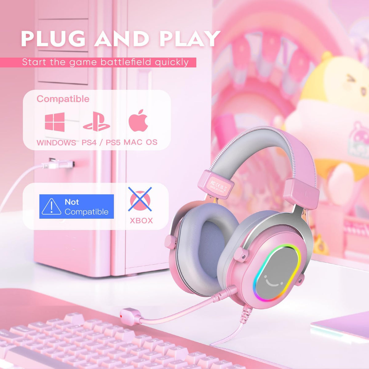 FIFINE AmpliGame H6 USB Wired RGB Gaming Headset (7.1 Virtual Surround Sound, 24-Bit Audio, 3 EQ Modes, Detachable Mic) Pink - سماعة