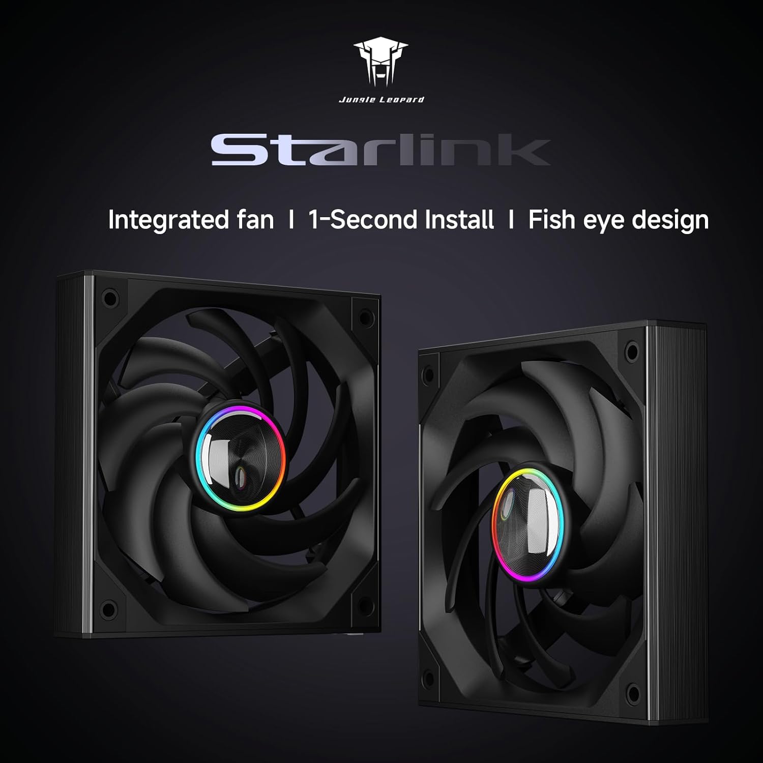Jungle Leopard -Lite 360 PC Case Fan - Integrated Aluminum Side Light Band, Dynamic Fisheye Design with 3 x 120mm Fans, No Software Required RPM Display(Black) - مراوح