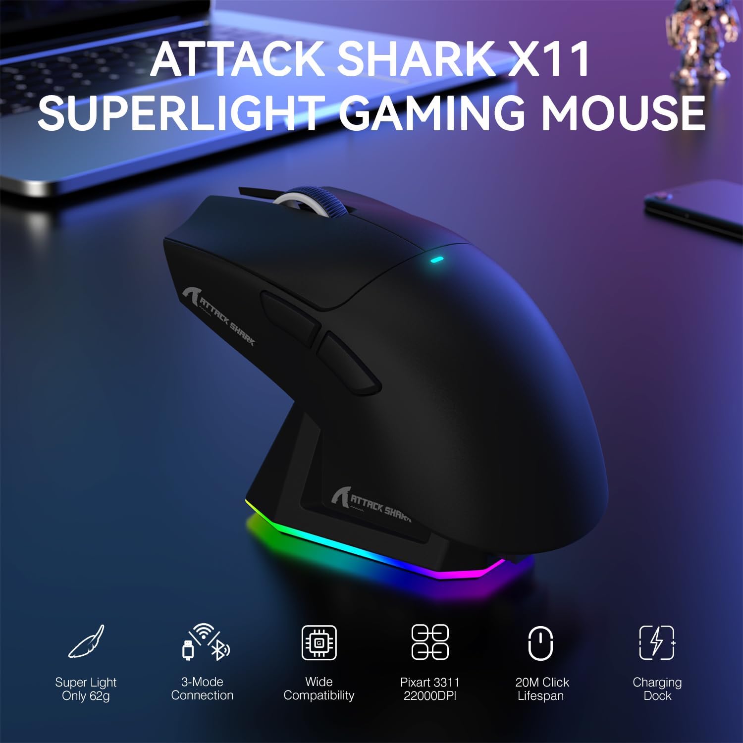 ATTACK SHARK X11 Wireless Gaming Mouse with Charging Dock Black - ماوس قيمنق وايرليس