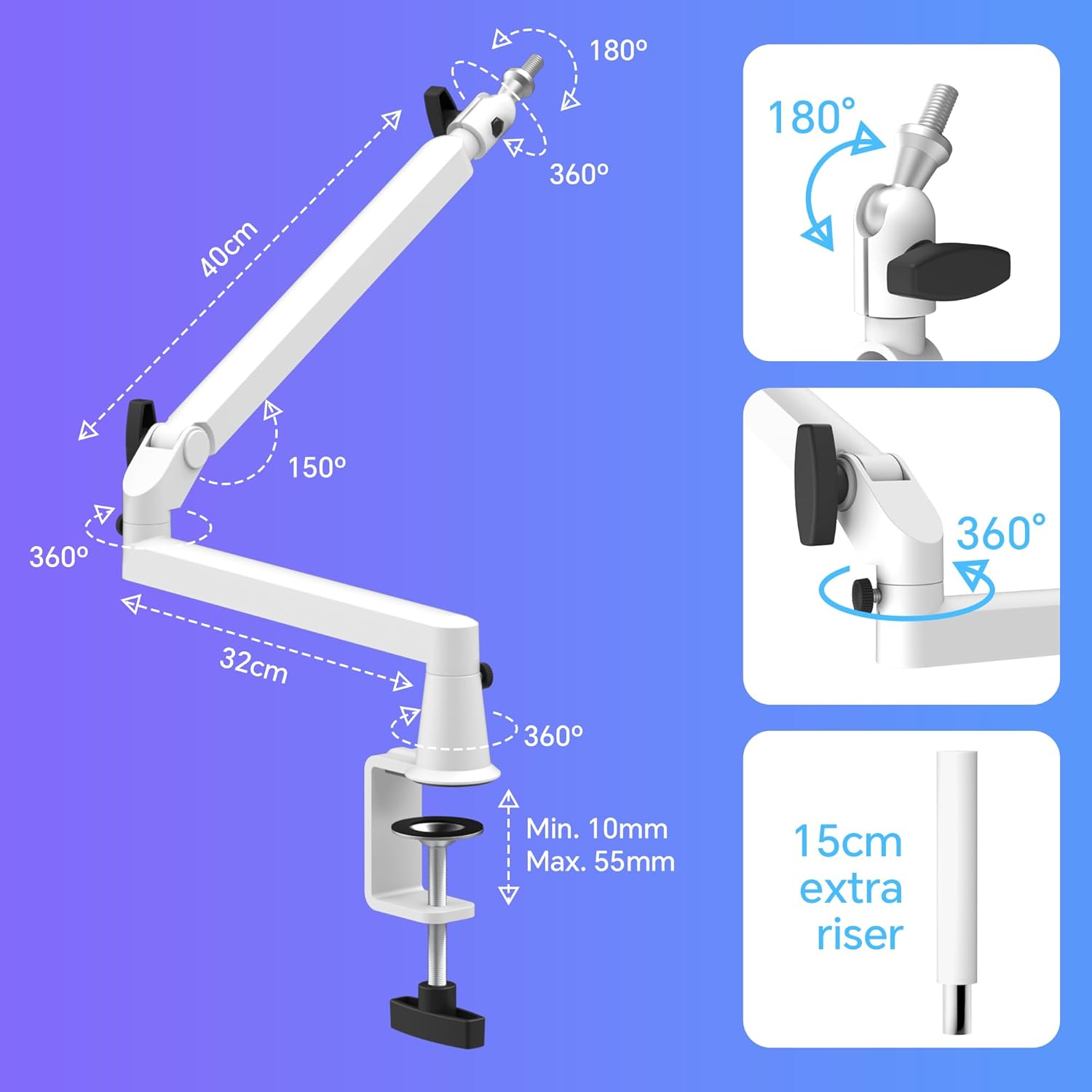 Prizmora ( AS17W-US)  Low Profile Mic Arm Microphone Boom Arm Professional Adjustable with 15cm Riser Solid Desk Mount Clamp Cable Management Microphone Holder Stand for Podcast Streaming Gaming Mic Stand White - ستاند للمايك