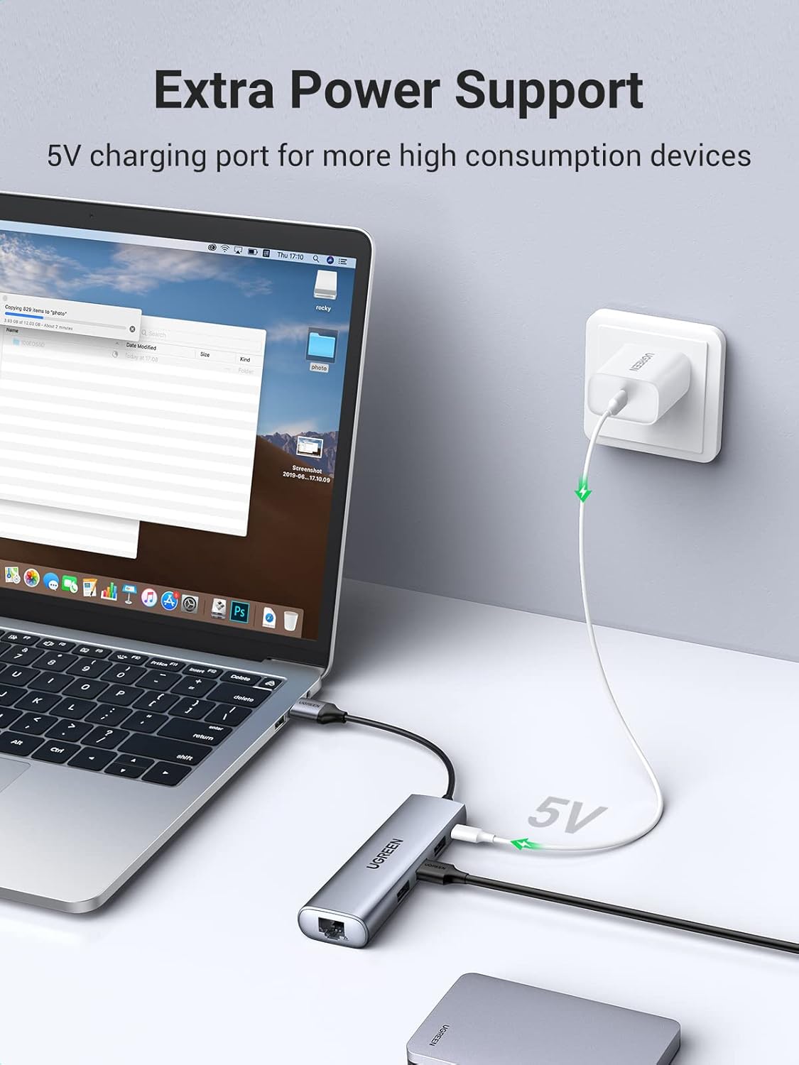 Ugreen 60812 5-in-1 USB 3.0 1000 Mbps Gigabit Multifunction Adapter, 20 cm Size, Gray-محول يوغرين متعدد الوظائف