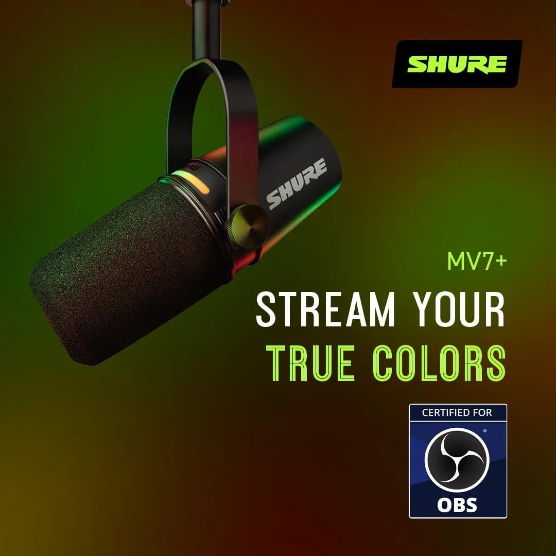 Shure MV7+ Podcast Dynamic Microphone. OBS Certified, Enhanced Audio, LED Touch Panel, USB-C & XLR Outputs, Auto Level Mode, Digital Pop Filter, Reverb Effects, Podcasting, Streaming, Recording -Black - مايك أحترافي