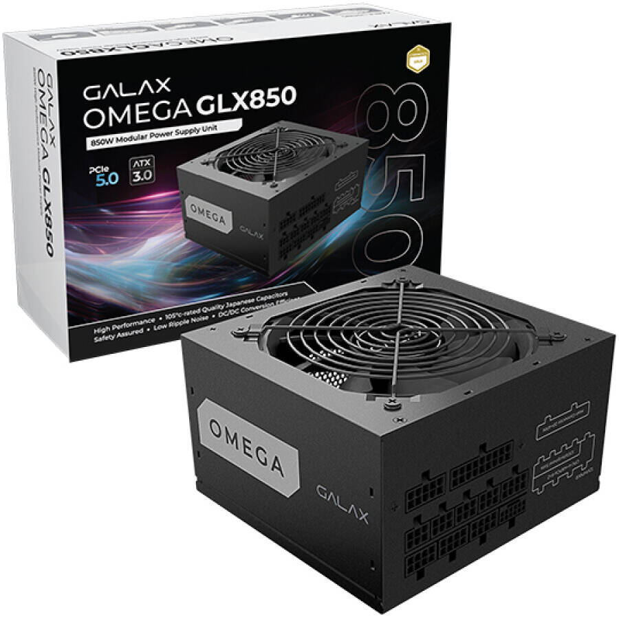 GALAX OMEGA GLX850 Full-Modular Power Supply, 850W Power, 80 PLUS Gold Efficiency, Cybenetics Gold, 105° C-Rated Capacitors, 120mm Fluid Dynamic Bearing, Black | PGO85GPTNAFB0