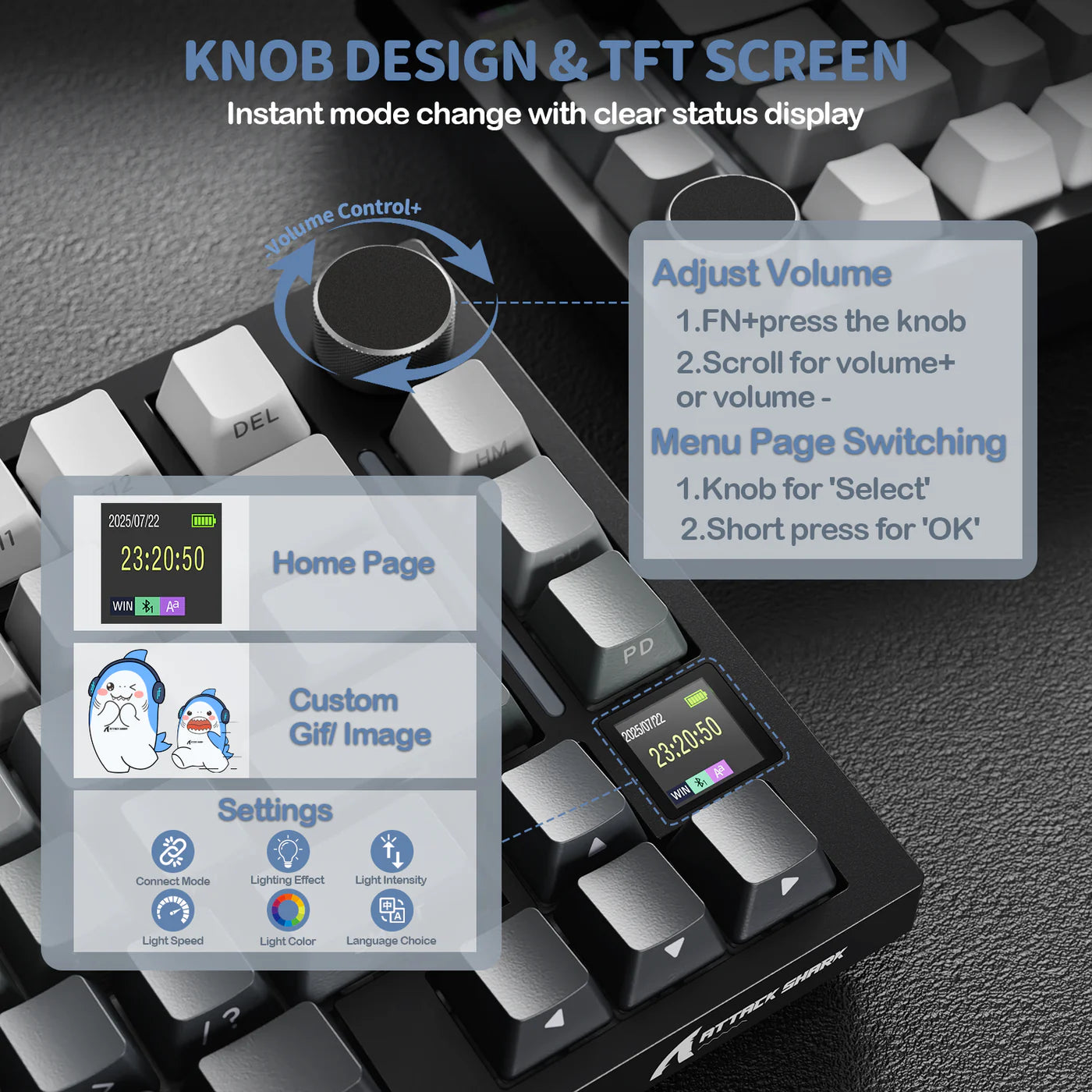 ATTACK SHARK X820Ultra Tri-mode Wireless Gasket Mechanical Keyboard with Smart Display Moon Night & Shark Switch, Black - كيبورد ميكانيكي أسود