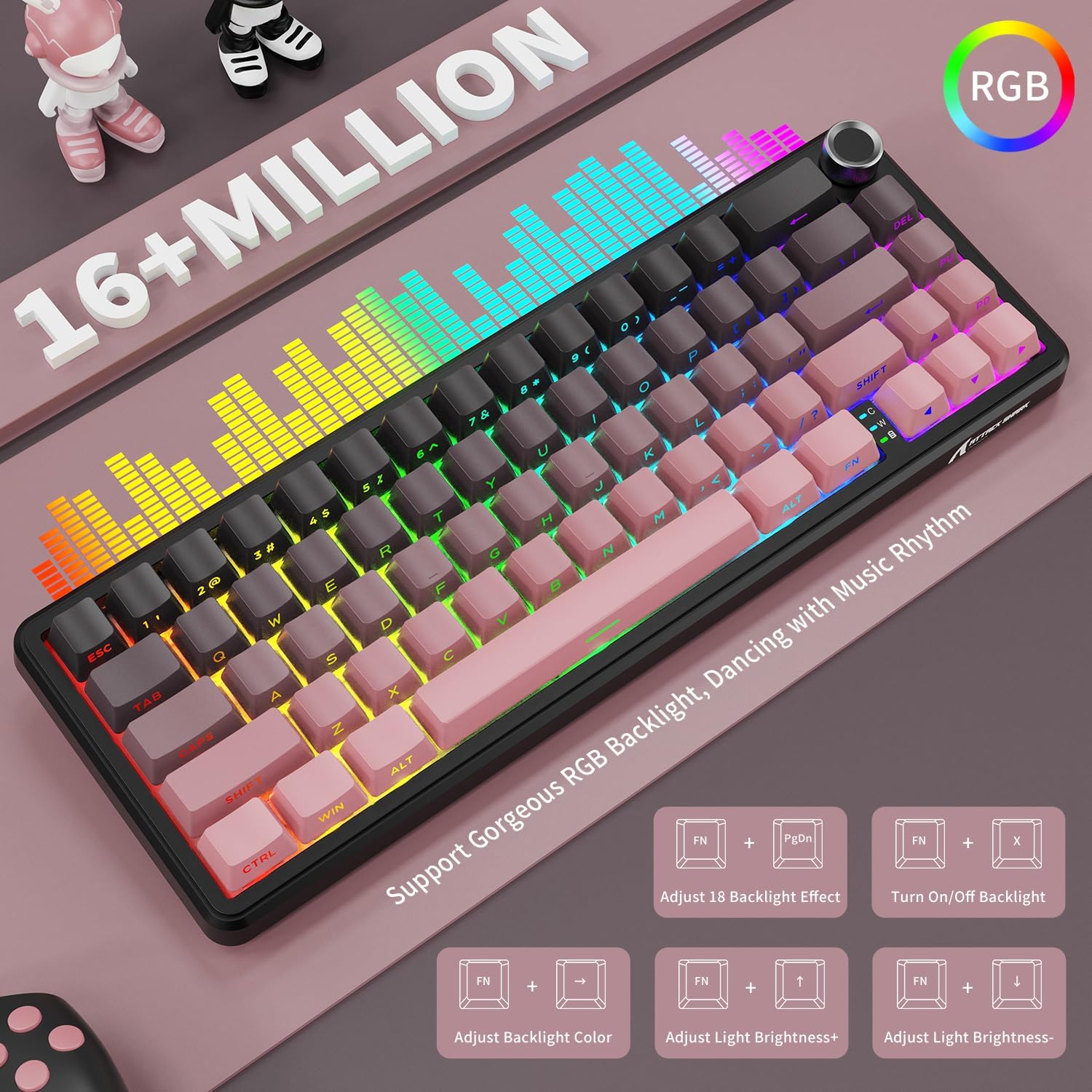Attack Shark X66 Wireless Mechanical Gaming Keyboard RGB 3 Mode – Pink (Strawberry Switch) - كايبورد قيمينغ وايرلس