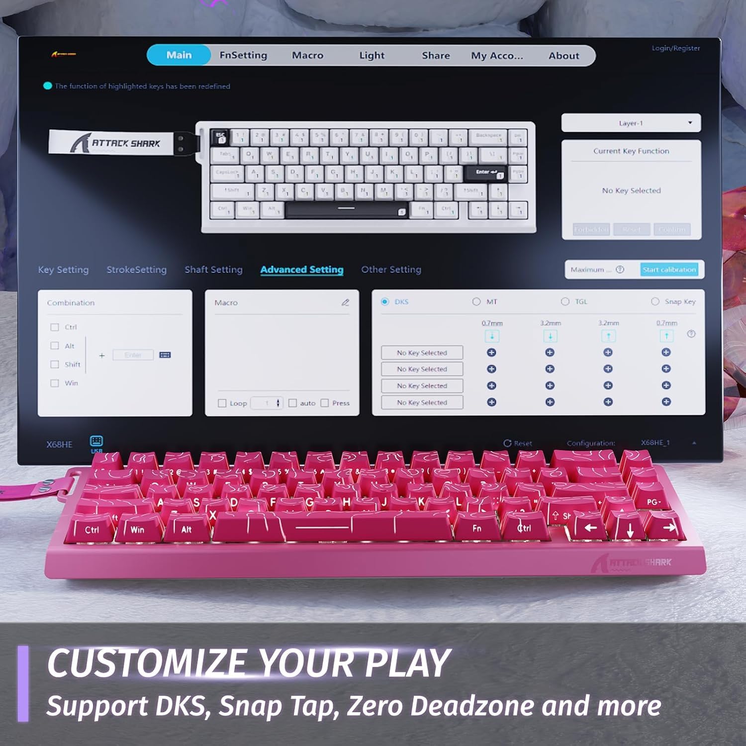 ATTACK SHARK X68 HE Rapid Trigger 60% Keyboard Magnetic Switch, Pink / Rose Red - كيبورد احترافي وايرليس