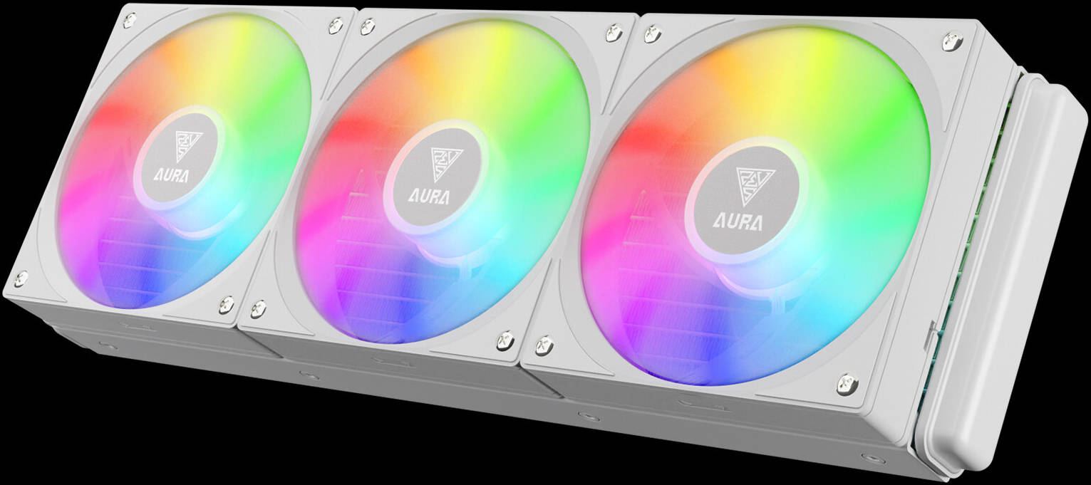 GAMDIAS Aura GL360 V2 Liquid Cooler, Support LGA 1700 / AM5, 800 - 1800 RPM Fan Speed, 2.12 mmH2O Air Pressure, Hydraulic PWM Fans, 73.6 CFM Air Flow, Hidden Cable Routing, White - مبرد  مائي أبيض
