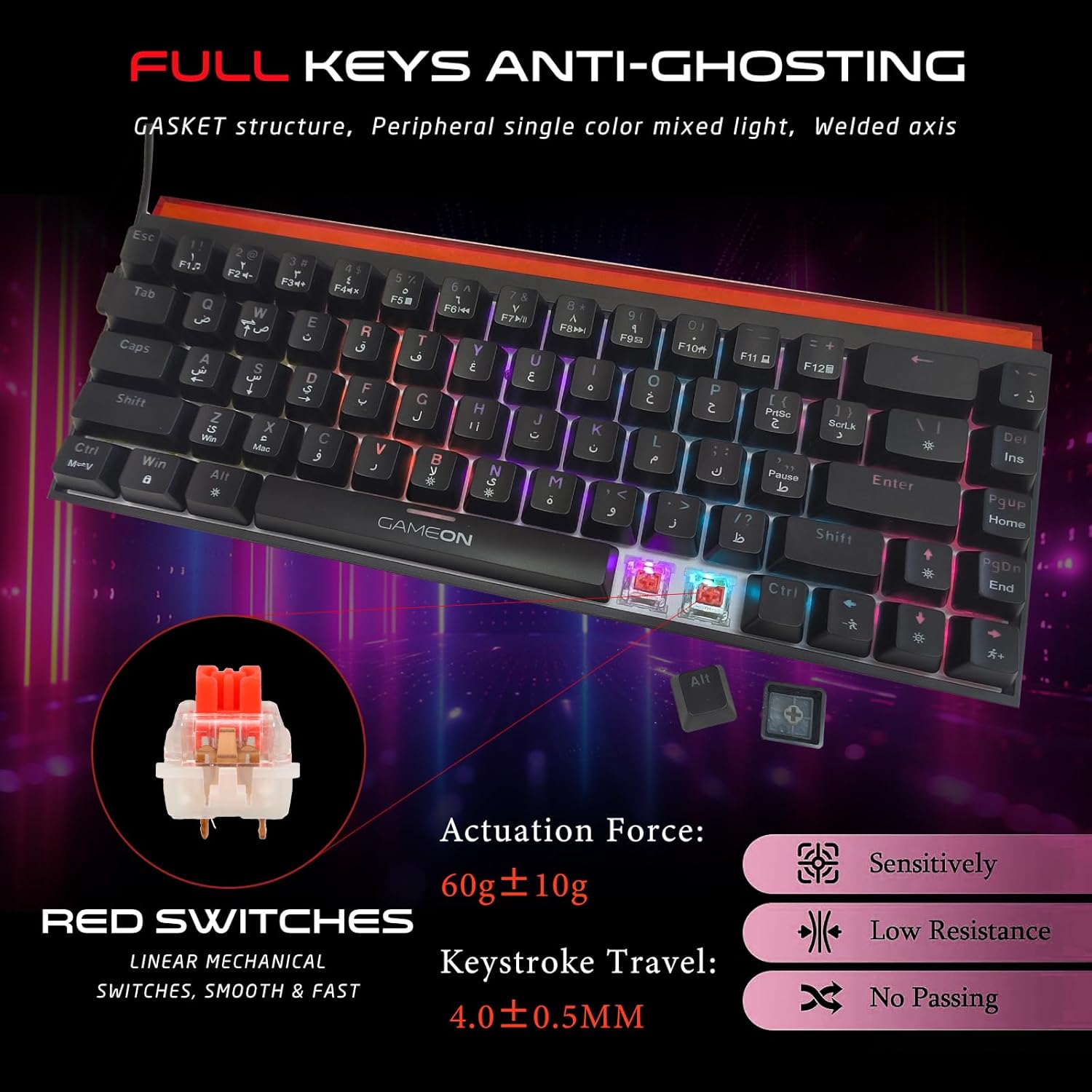 GAMEON PRIMEX Series GO-MK260-RS 60% RGB Mechanical Wired Gaming Keyboard with Customization Software, Red Switch - English & Arabic - كيبورد عربي