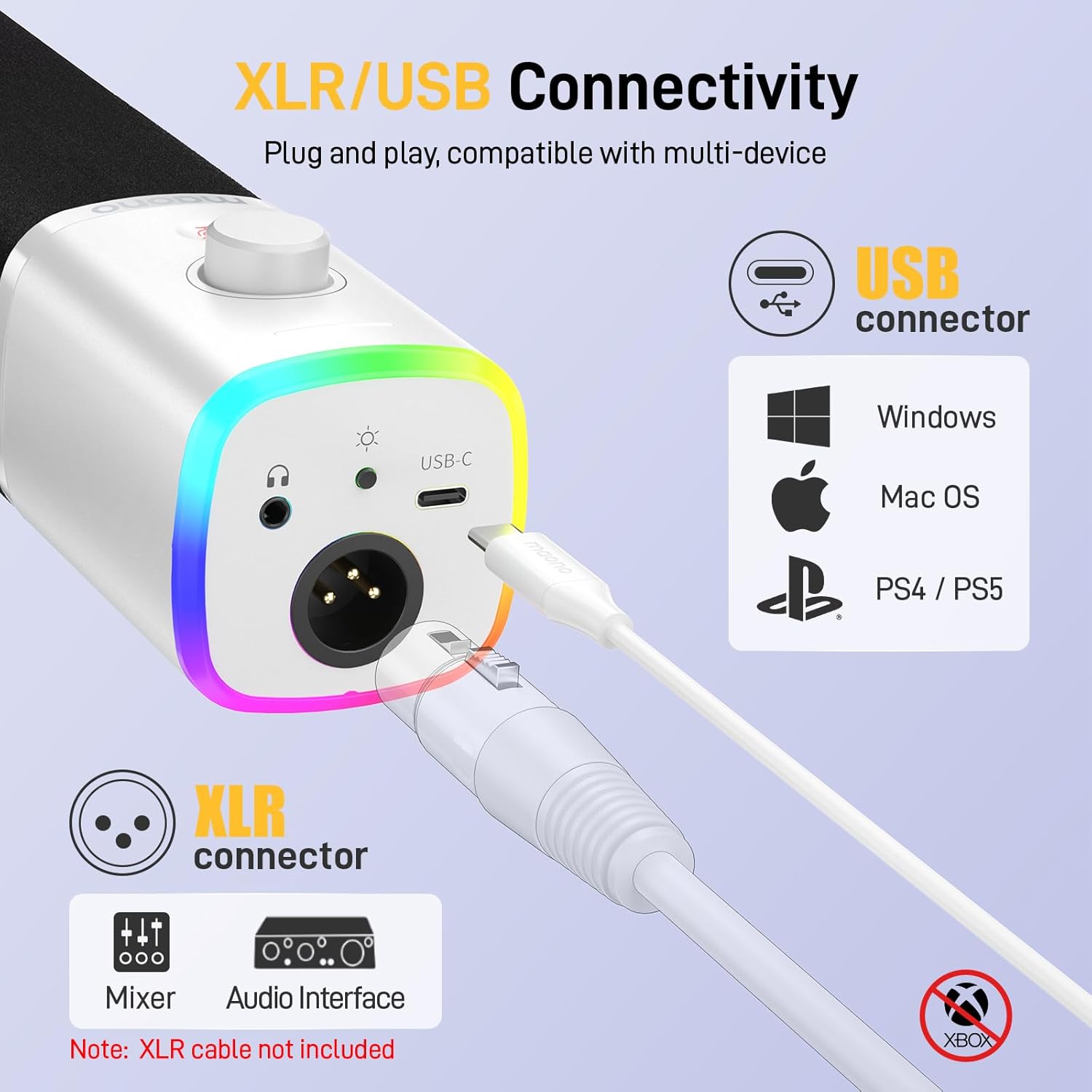 MAONO Dynamic Gaming Microphone: USB XLR Dynamic Computer Microphone with Software-RGB PC Mic for Gamer-Podcast Mic for Streaming Recording Studio YouTube Content Creation Online Chat PD100X (White) - مايك أبيض