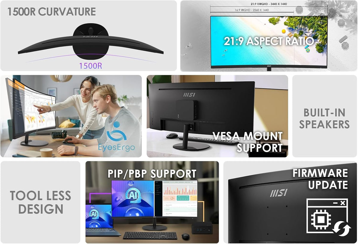 MSI PRO MP341CQ E12 34 Inch Ultrawide Curved Desktop Monitor – 120Hz, UWQHD (3440x1440), 1500R VA Panel, VESA Mountable & Integrated Speakers - شاشة