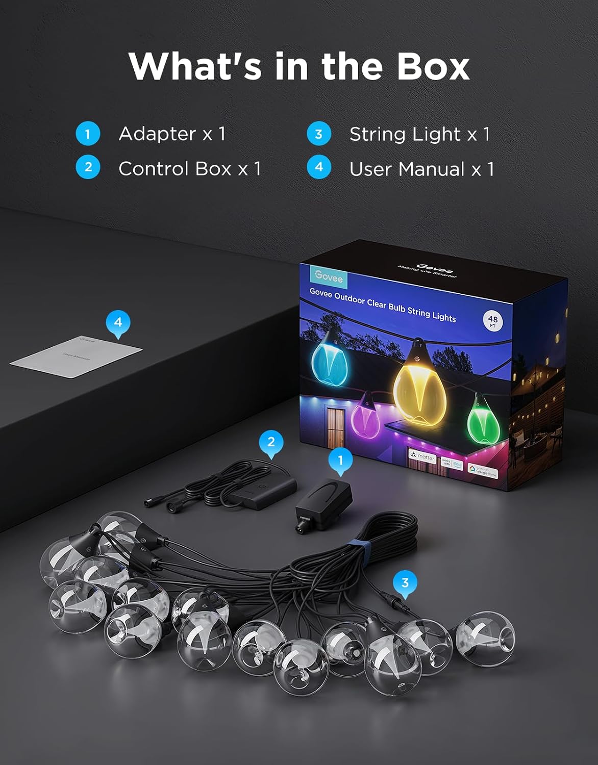 Govee Clear Bulb Outdoor Smart String Lights 48ft – RGBWIC Teardrop Patio Lights (IP67 Waterproof, 1200 Lumens, Matter Compatible) - مصباح أر جي بي
