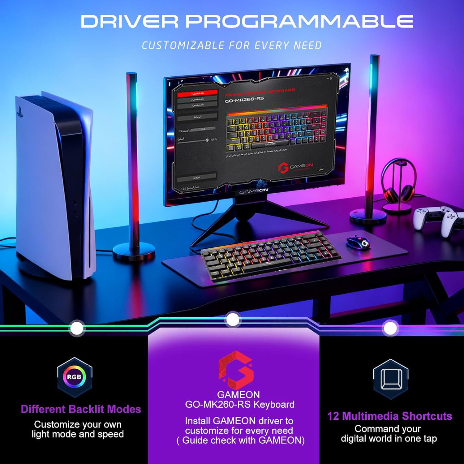 GAMEON PRIMEX Series GO-MK260-RS 60% RGB Mechanical Wired Gaming Keyboard with Customization Software, Red Switch - English & Arabic - كيبورد عربي