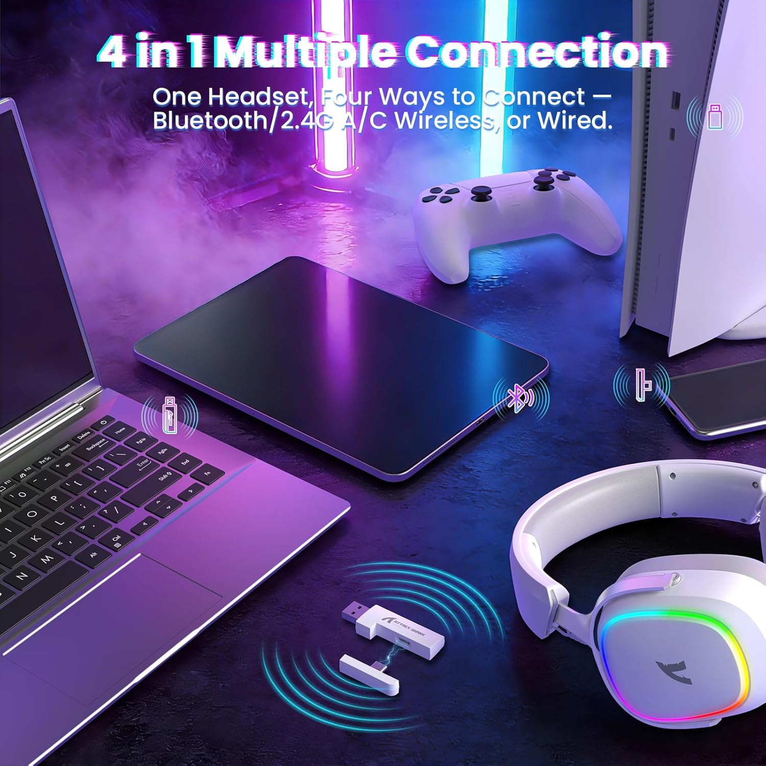 ATTACK SHARK G800 Wireless Gaming Headset, 7.1 Surround Sound White -  سماعة محيطية لا سلكية بيضاء