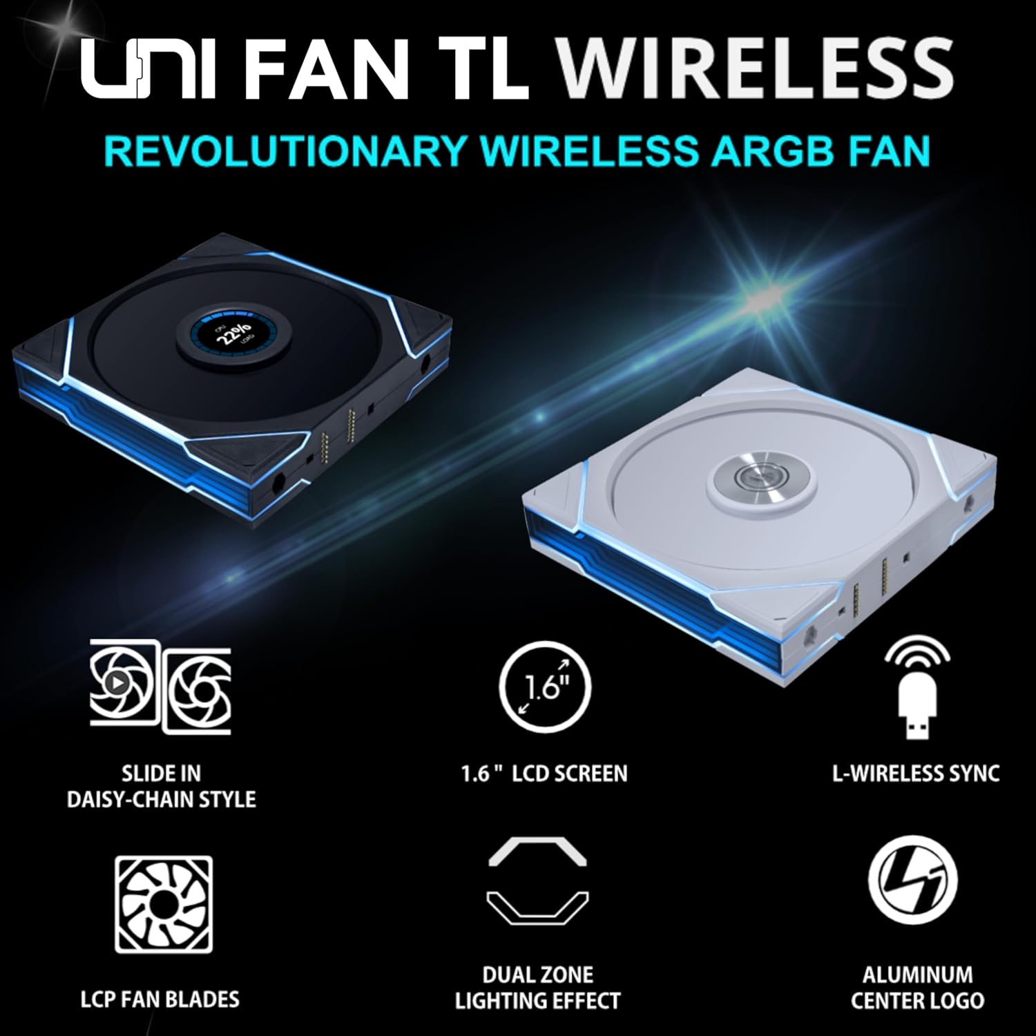 Lian Li UNI Fan TL Wireless 140-Single Pack (Reverse Blade)-2.4 GHz Wireless Signal 140MM ARGB Fan-Infinity Mirror-Daisy-Chain -Syncing Lighting-Controller NOT Included & Required - Black - مروحه