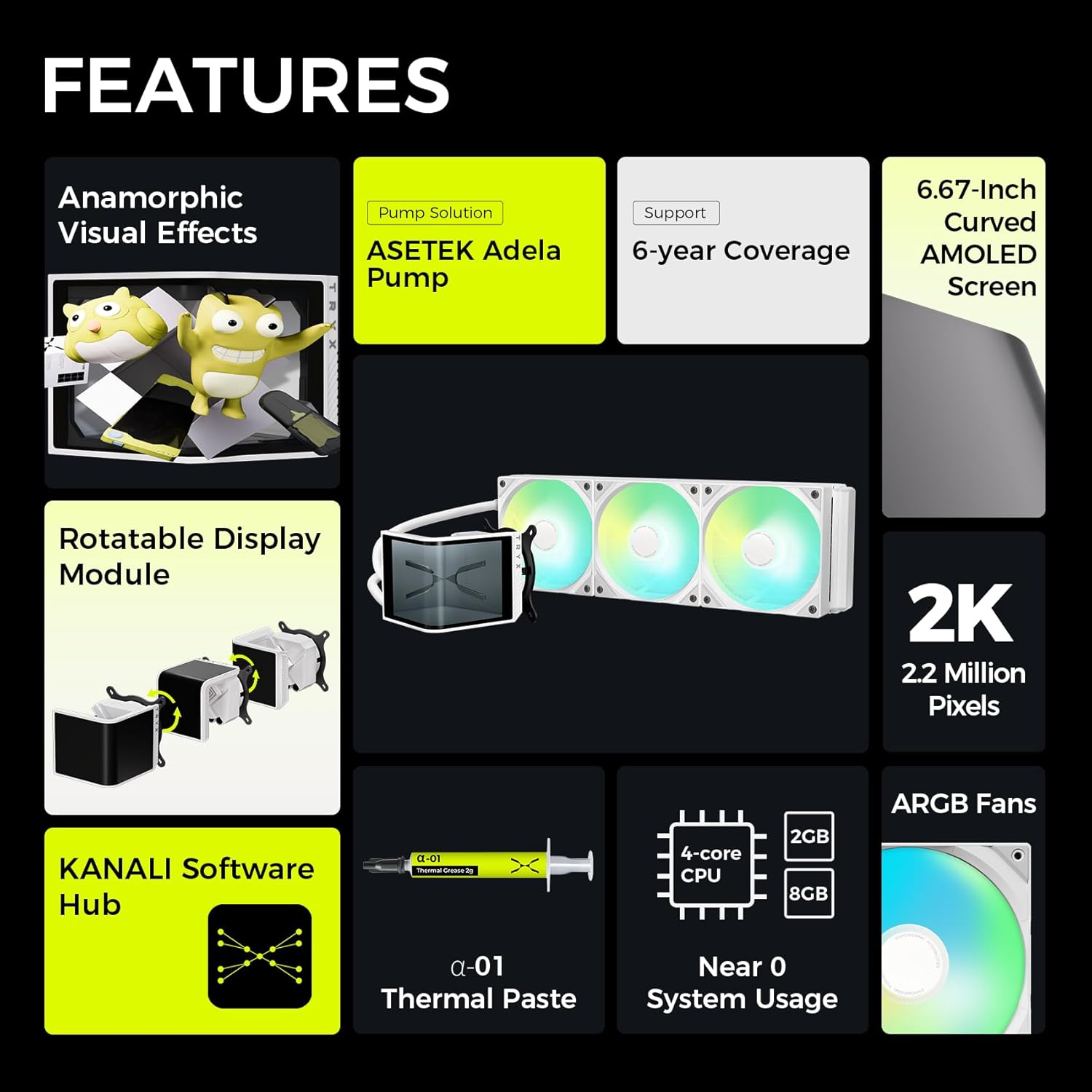 TRYX Panorama SE 360 ARGB 360mm AIO Rotatable 6.67'' AMOLED Curved Screen 3D Anamorphic Effect Customizable AIO Cooler 360mm Asetek Adela Pump 280w TDP ARGB Fan Intel LGA 1851/1700 AMD AM5/AM4 -WHITE - - مبرد مائي مع شاشه أبيض