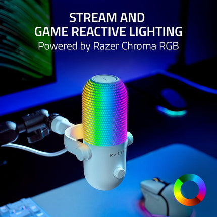 ميكروفون Razer Seiren V3 Chroma RGB USB: إضاءة تفاعلية للبث واللعبة - مستشعر النقر لكتم الصوت - أبيض - مايك الرأس 