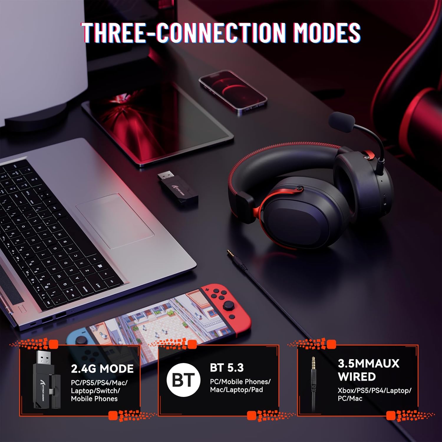 ATTACK SHARK L30PRO Wireless Gaming Headset, 7.1 Surround Sound Black Red - سماعة محيطية لا سلكية