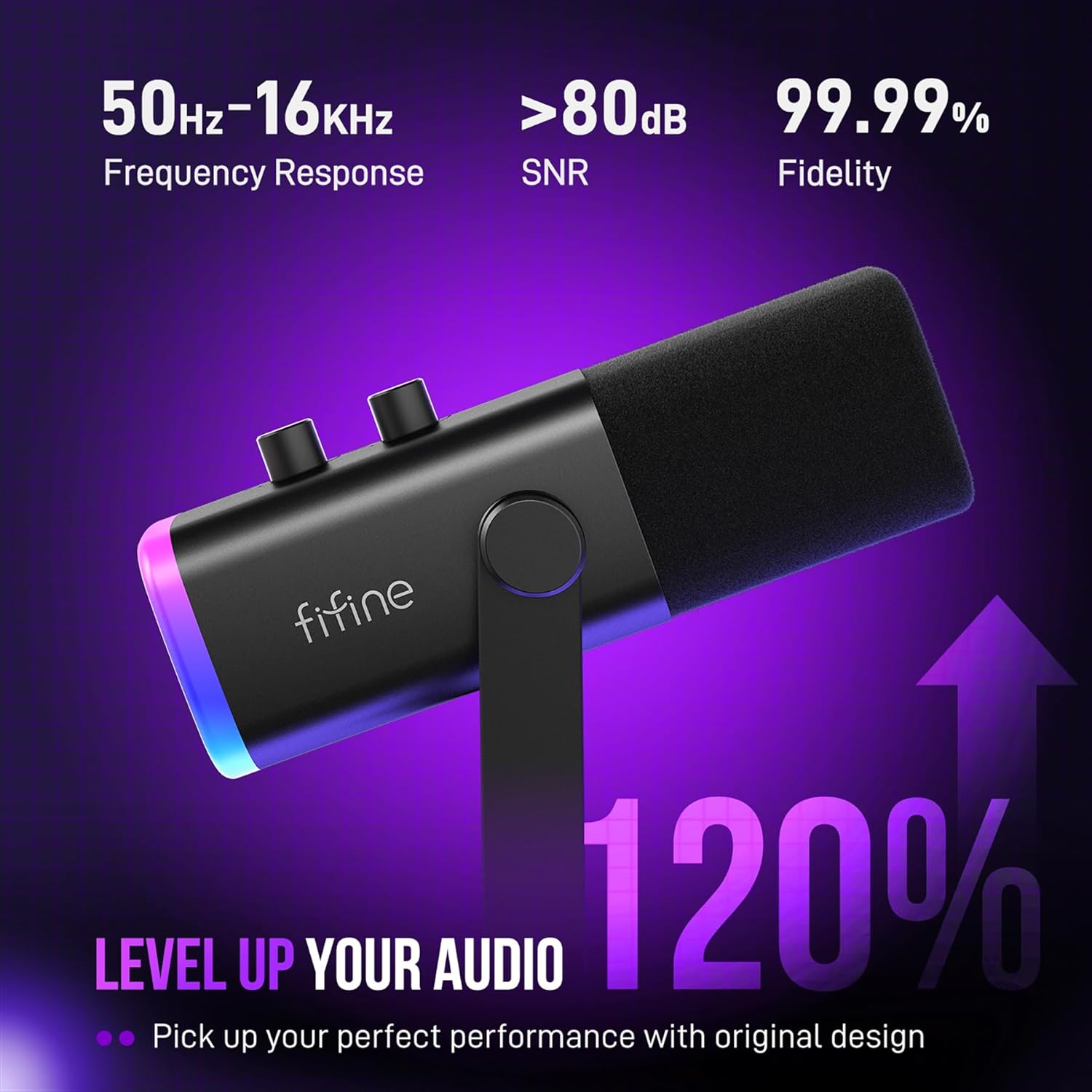 FIFINE XLR/USB Gaming Microphone Set, Dynamic PC Mic for Streaming Podcasting, Computer RGB Mic Kit with Boom Arm Stand, Mute Button, Headphones Jack, for Recording Vocal Voice-Over-AmpliGame AM8T - مايك مع ستاند