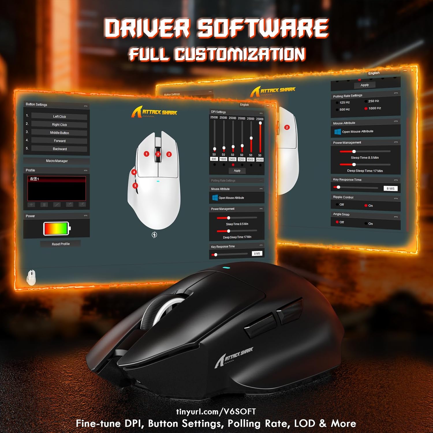 ATTACK SHARK V6 Ultra-Light Tri-Mode Black Gaming Mouse with RGB Magnetic Charging Dock - ماوس ممتاز مع شاحن