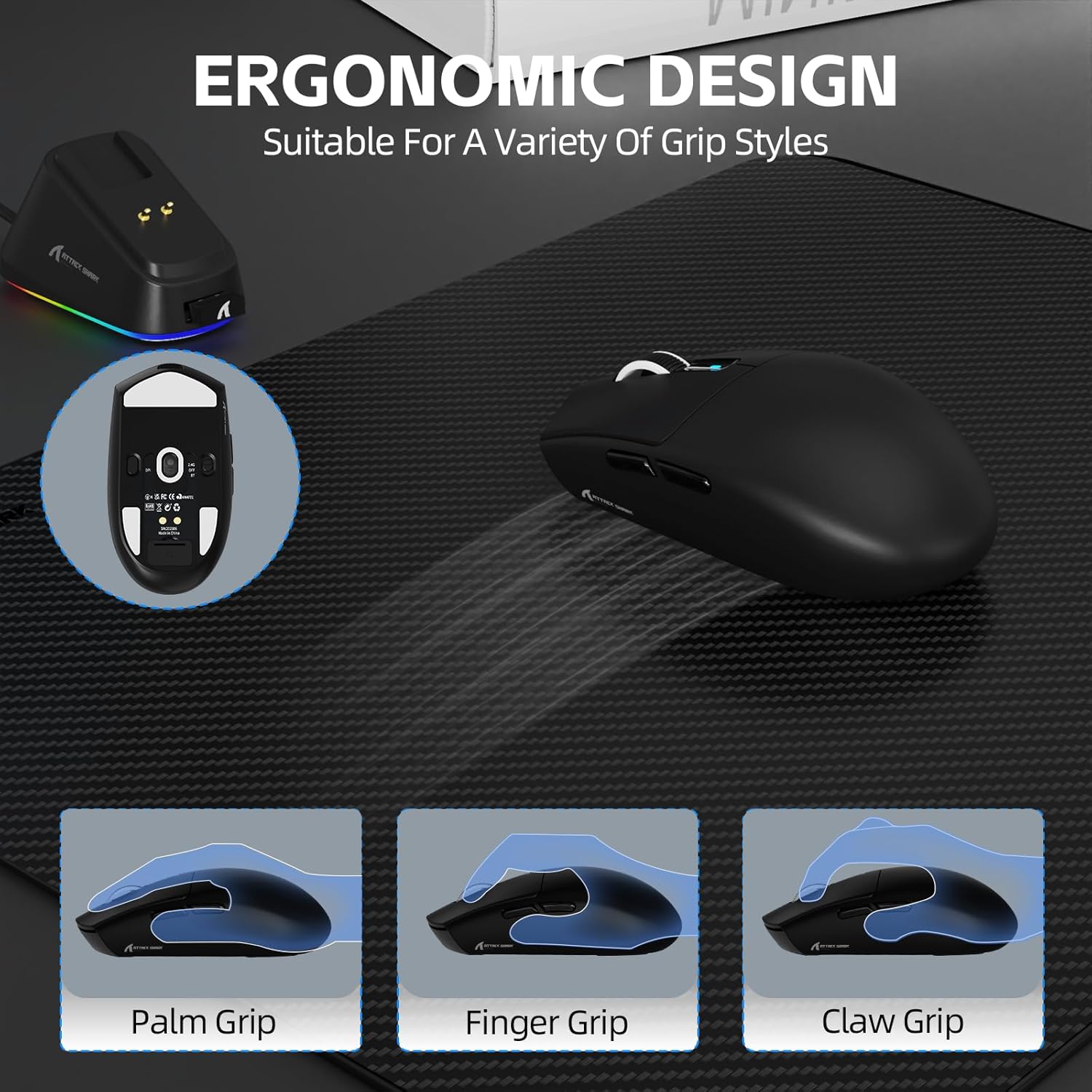 ATTACK SHARK G3PRO Tri-mode Wireless Gaming Mouse with RGB charge Dock Black - موس قيمنق