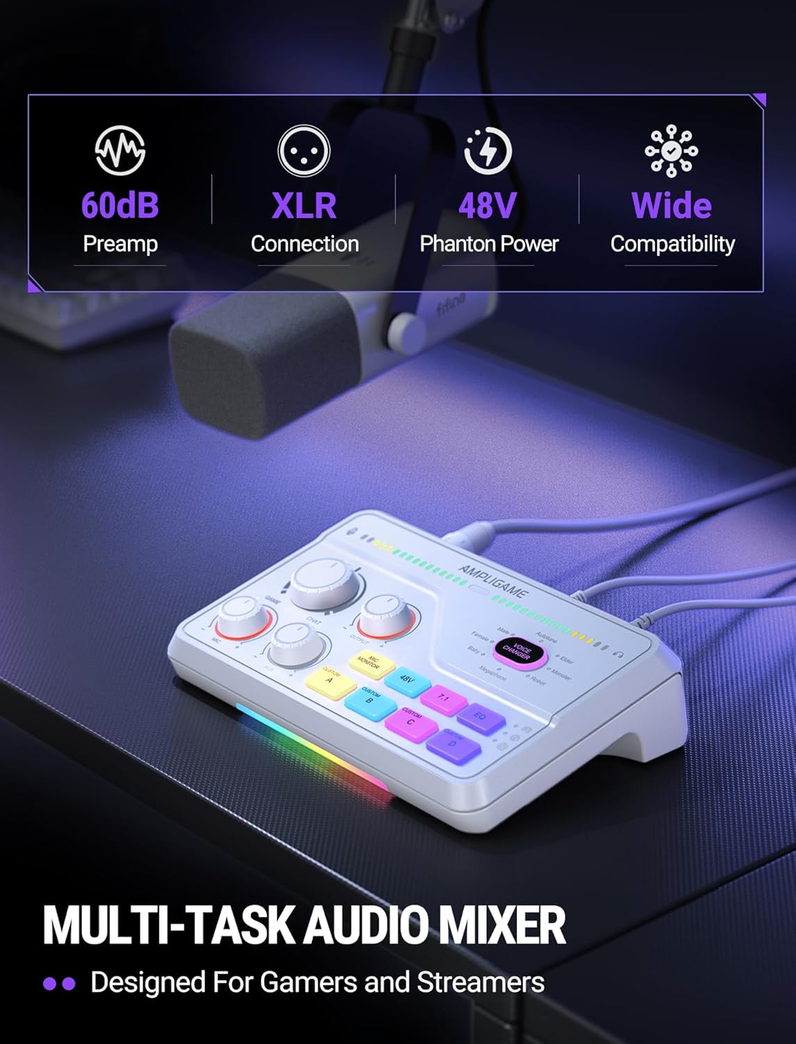 FIFINE AmpliGame SC8 Gaming Audio Mixer with RGB for PC and PS4, White - مكسر صوت