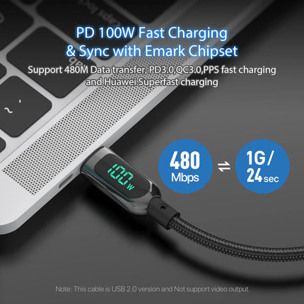 SooPii Data Cable S10CC Black 1.2M USB C to USB C Charging Fast Charge Cable | LED Display OF WATT | 100W | Nylon Braided - كابل شحن ممتاز بشاشة