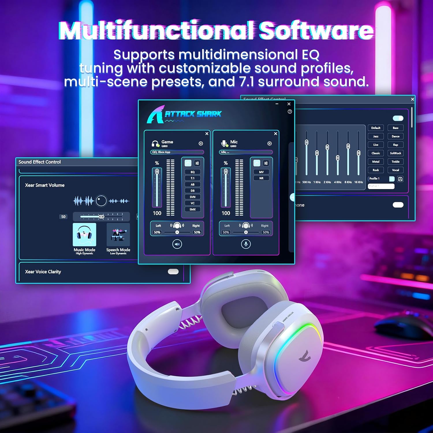 ATTACK SHARK G800 Wireless Gaming Headset, 7.1 Surround Sound White -  سماعة محيطية لا سلكية بيضاء