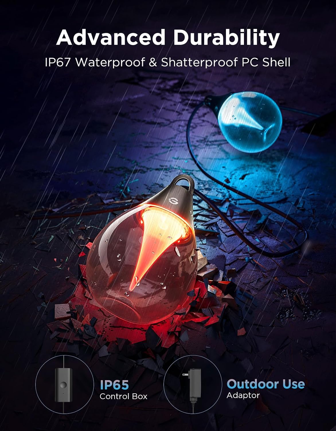 Govee Clear Bulb Outdoor Smart String Lights 48ft – RGBWIC Teardrop Patio Lights (IP67 Waterproof, 1200 Lumens, Matter Compatible) - مصباح أر جي بي