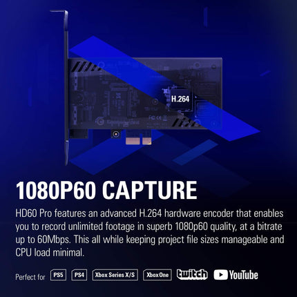 Elgato HD60 Pro، 1080p60 Capture and Passthrough، بطاقة التقاط PCIe، تقنية Low-Latency، PS5، PS4، Xbox Series X/S، Xbox One - أسود - بطاقة القاط 