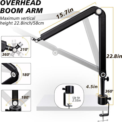 ذراع ميكروفون مع أنبوب تمديد متوافق مع HyperX QuadCast، ذراع ميكروفون معدني مرجح لضبط الارتفاع لـ QuadCast، Blue Yeti، Shure MV7، Rode ومعظم ميكروفونات الألعاب - ستاند لمايك 