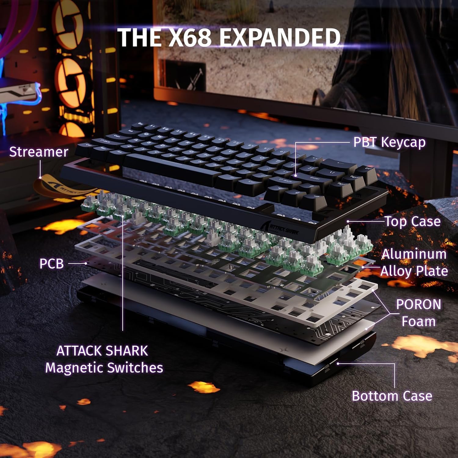 ATTACK SHARK X68 HE Rapid Trigger 60% Keyboard Magnetic Switch Black - كيبورد مغناطيسي