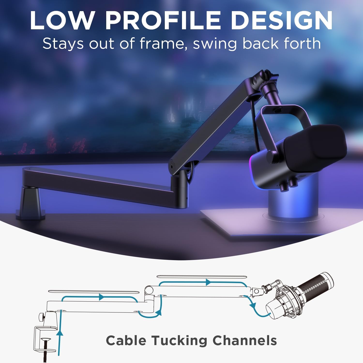 InnoGear (LP98) Microphone Boom Arm, 360° Rotatable Low Profile Mic Stand with Magnetic Cable Management Desk Mount for Fifine AM8 K669B Blue Yeti HyperX QuadCast SoloCast AT2020, Black - ستاند للمايك أحترافي