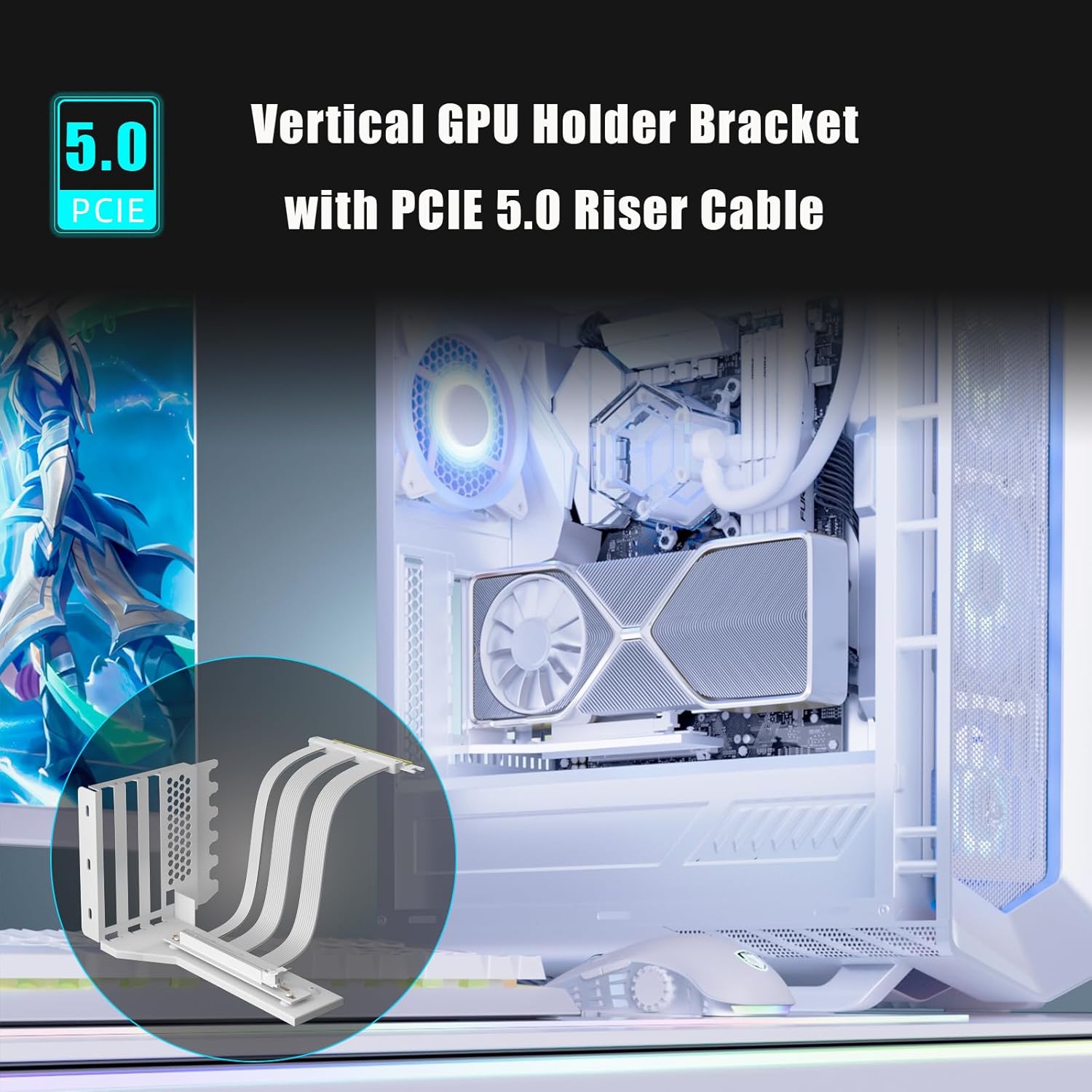 GLOTRENDS Vertical Graphics Card Support Bracket Gen 5 with 180mm PCIe 5.0 Riser Cable for 2-slot GPU Vertical Mount, White - حامل كرت شاشة أبيض