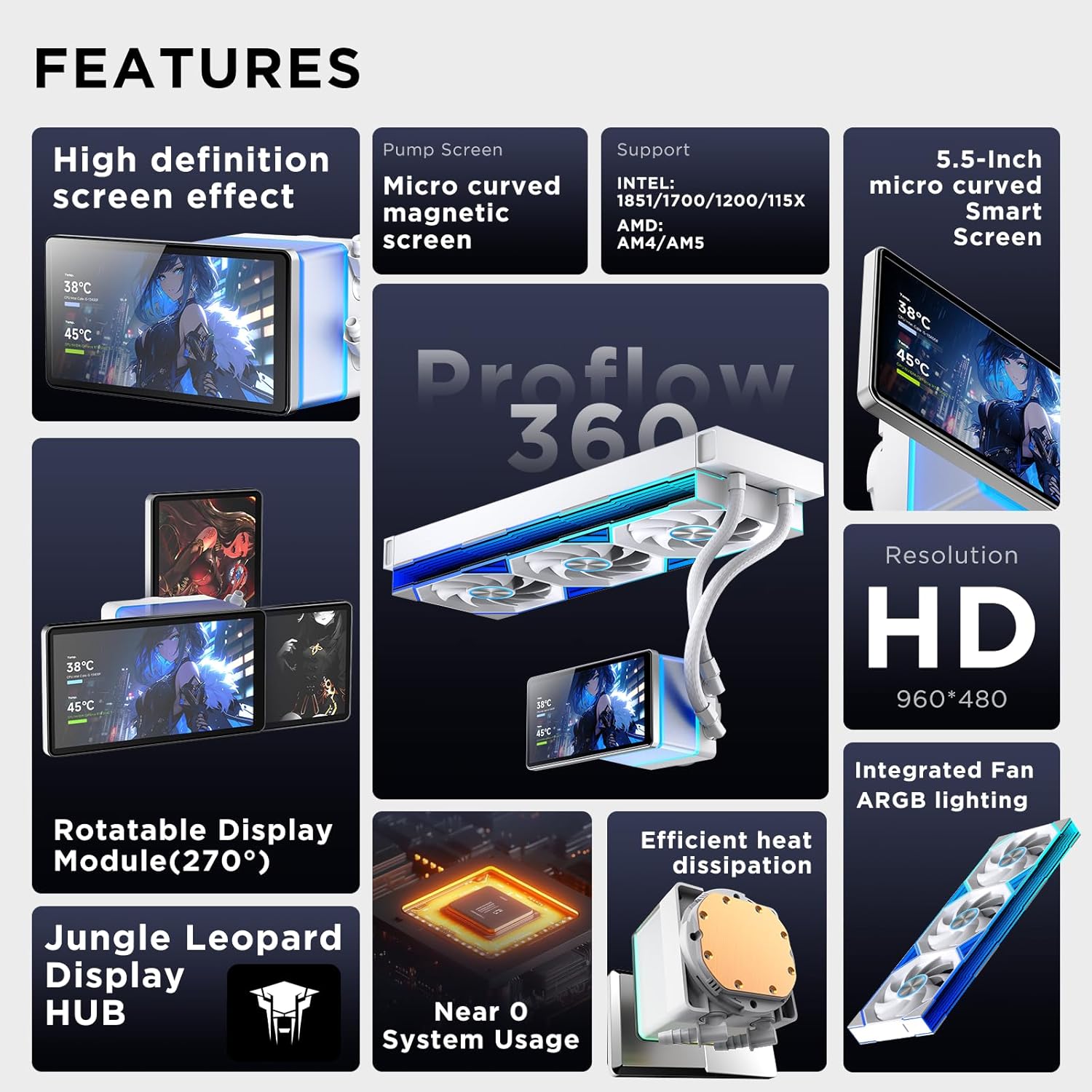 JUNGLE LEOPARD PRO FLOW 360 CPU Water AIO Cooler Liquid Cooling | 5.5-inch LCD Magnetic Screen (white) - مبرد مائي مع شاشه