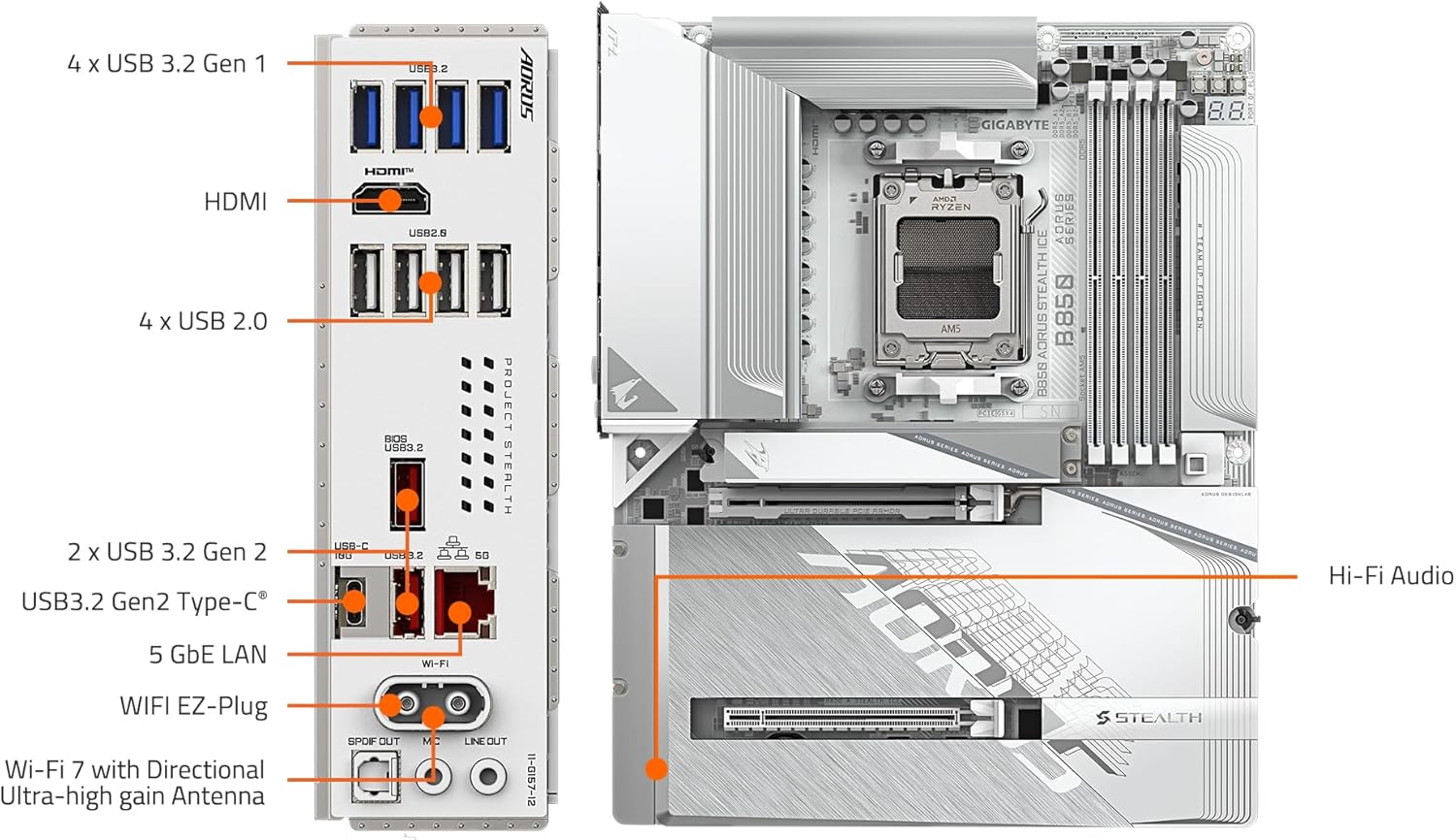 GIGABYTE B850 AORUS STEALTH ICE AM5 ATX Motherboard, AMD B850 Chipset, 4x DDR5 DIMM Slot, Up to 256GB Max Memory, 1 x PCIe 5.0 x16, 4 x M.2 Slots, Wi-Fi 7 & BT 5.4, White - الوحه الام