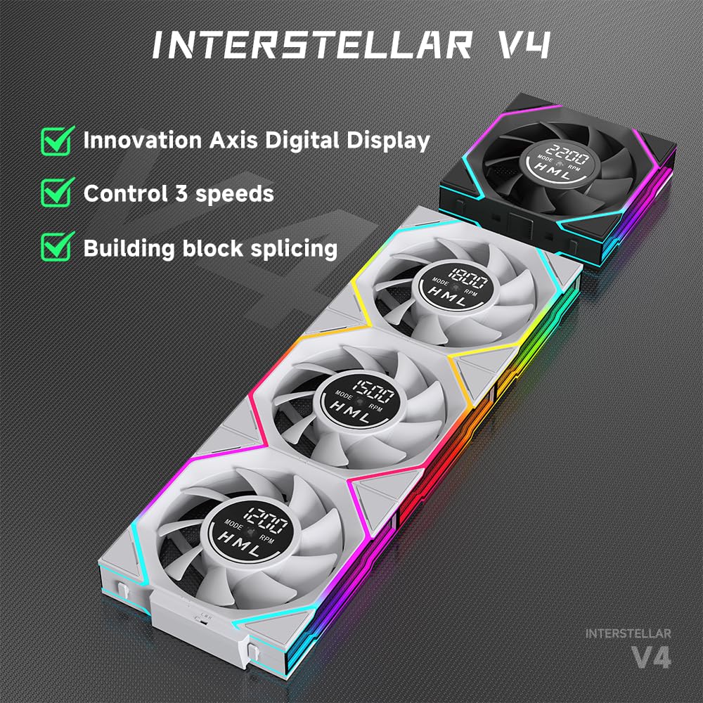 JUNGLE LEOPARD Interstellar Digital Fan V4 120mm Case Fan White-3Pack, Computer Cooling PC ARGB CPU Cooler Daisy Chain Fan - مروحة