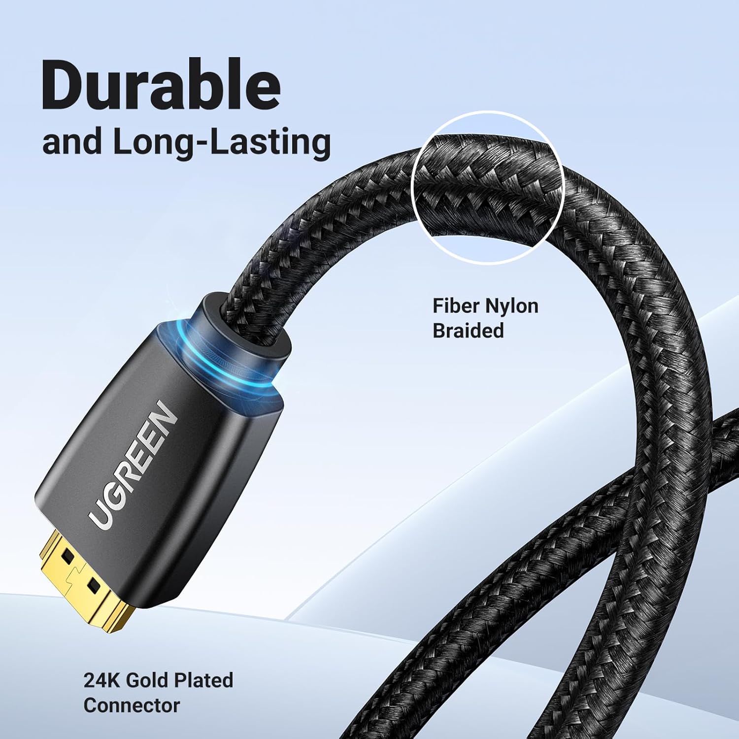 UGREEN HDMI cable with 24K gold-plated connector and durable fiber nylon braided design for gaming PCs