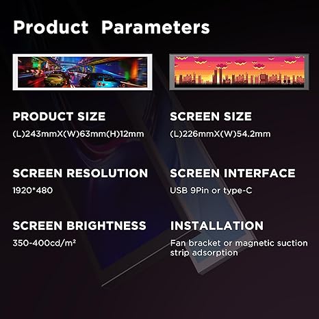 Jungle Leopard 9.16 Inch LCD Mini Secondary Monitor PC Computer|Customizable 1920*480 IPS Temperature display screen-Black شاشة