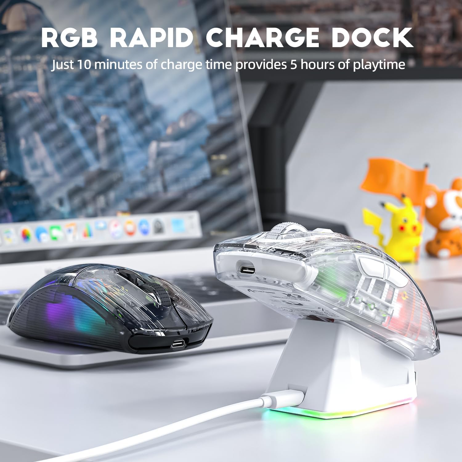 ATTACK SHARK X2 Pro Wireless Gaming Mouse with RGB Charging Dock,Tri-Mode PC Gaming Mice 2.4G/Bluetooth/Wired,Noiseless Mouse RGB Backlit,Transparent Shell,PixArt 3212 4000 DPI,for Win/MAC,White - ماوس قيمنق لاسلكي