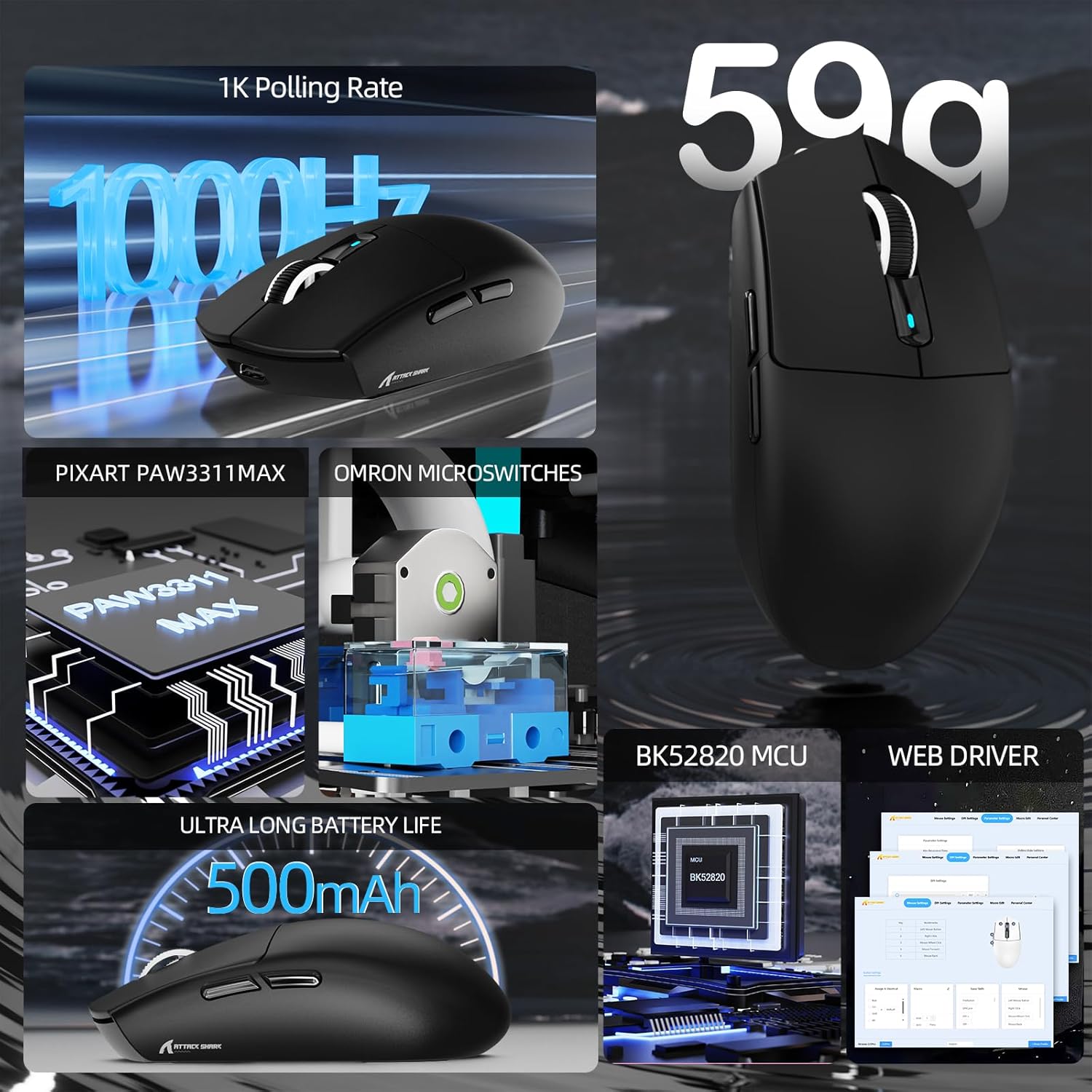 ATTACK SHARK G3PRO Tri-mode Wireless Gaming Mouse with RGB charge Dock Black - موس قيمنق
